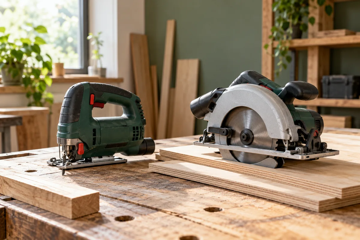 Decoupeerzaag en cirkelzaag op een houten werkbank
