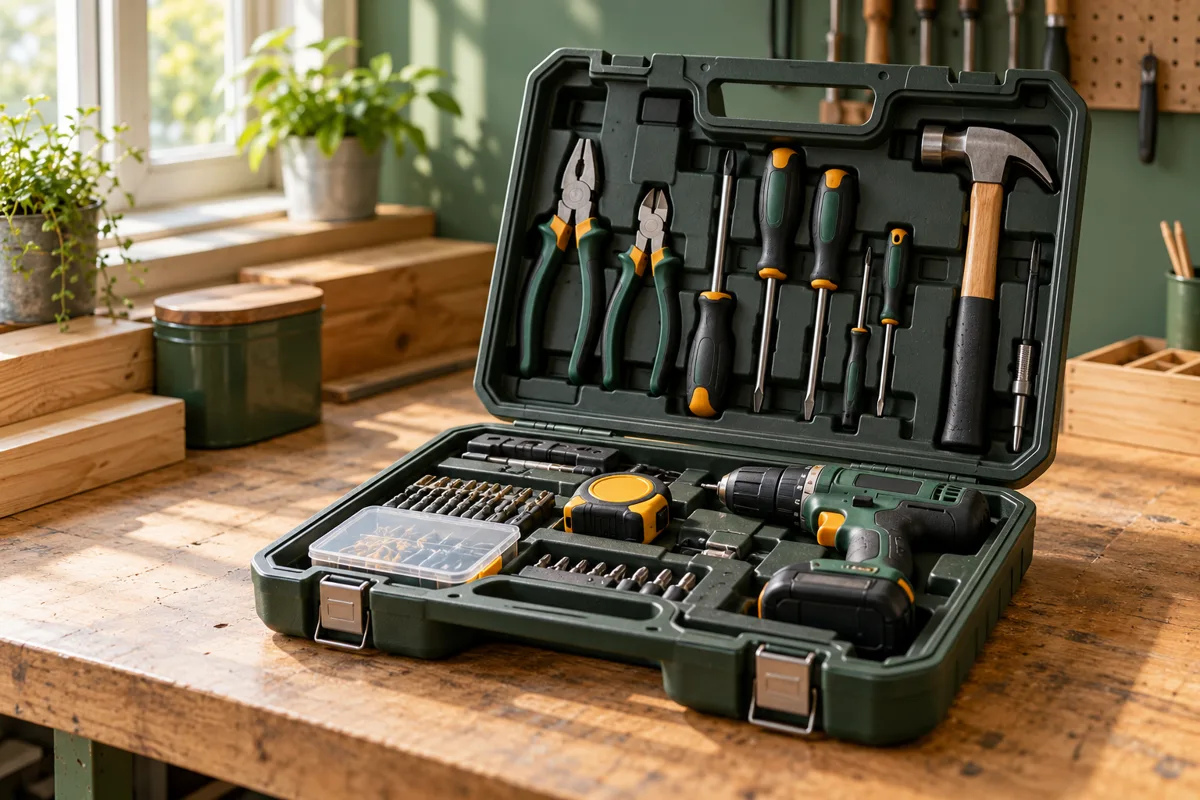 Open gereedschapskoffer met handgereedschap en een accuboormachine