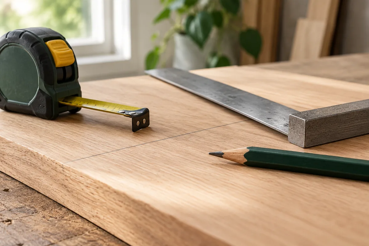 Rolmaat, winkelhaak en potlood op een houten plank