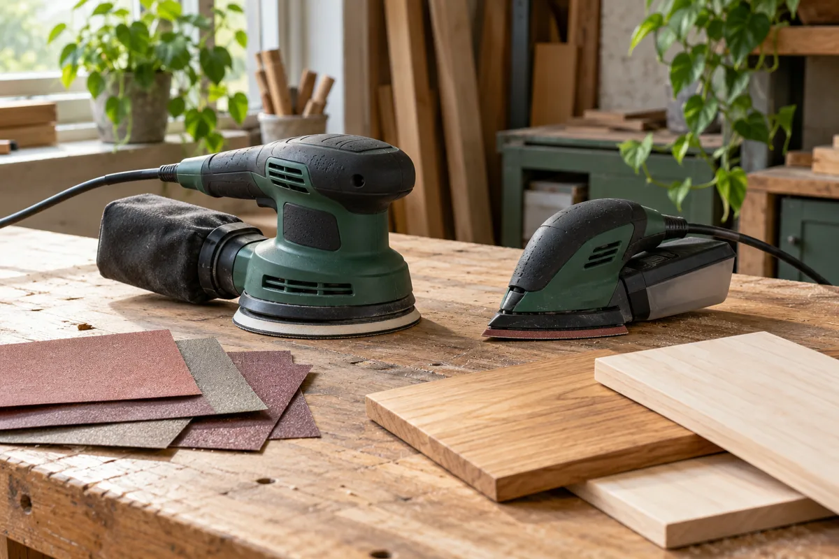 Drie schuurmachines met schuurpapier op een houten werkbank
