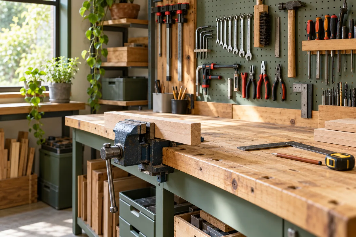 Overzichtelijke werkbank met gereedschap aan een wand en opbergruimte